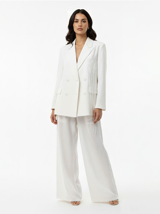 Women's White Double-breasted Tassel-embellished Blazer + White Wide-leg Pants Set, Retro-style Smart Slimming Two-piece Outfit