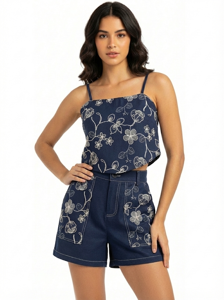 Women's Dark Blue Floral Embroidered Camisole Cropped Top + Dark Blue Embroidered Shorts Set, Retro-style Sweet Slimming Two-piece Outfit