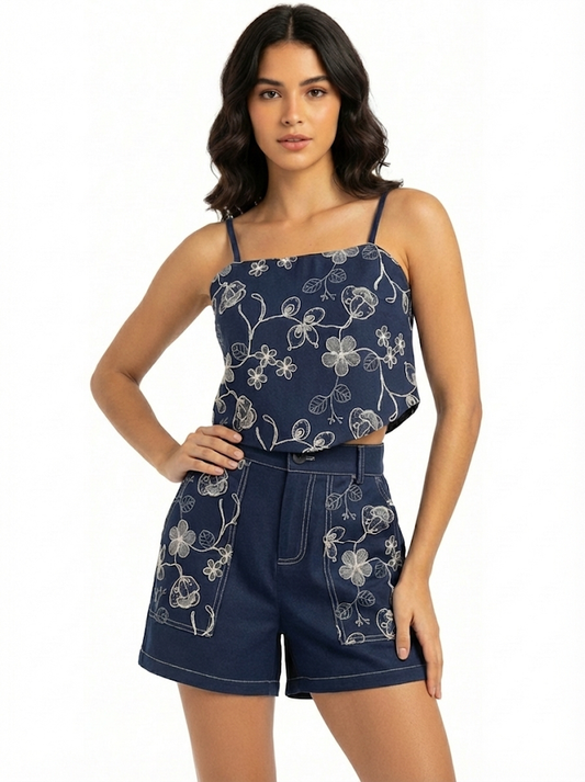 Women's Dark Blue Floral Embroidered Camisole Cropped Top + Dark Blue Embroidered Shorts Set, Retro-style Sweet Slimming Two-piece Outfit