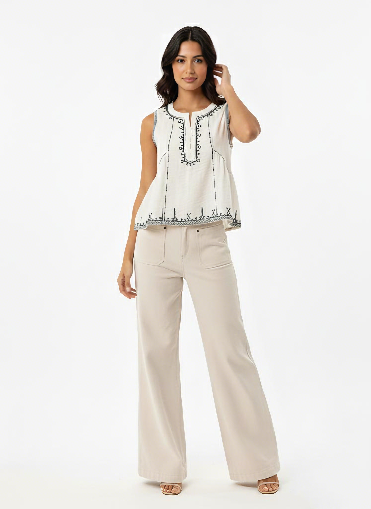 Women's Beige Ethnic Embroidered Sleeveless Cropped Top + Beige Wide-leg Pants Set, Retro-style Exotic Slimming Two-piece Outfit