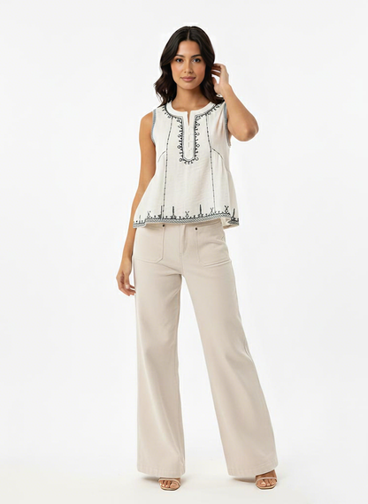 Women's Beige Ethnic Embroidered Sleeveless Cropped Top + Beige Wide-leg Pants Set, Retro-style Exotic Slimming Two-piece Outfit