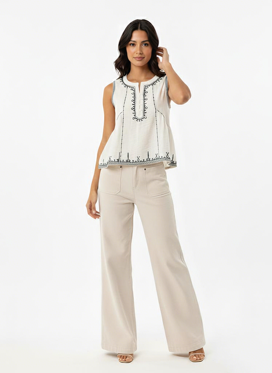Women's Beige Ethnic Embroidered Sleeveless Cropped Top + Beige Wide-leg Pants Set, Retro-style Exotic Slimming Two-piece Outfit