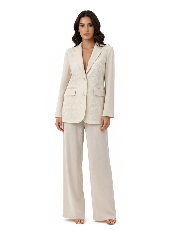 Women's Beige Jacquard Blazer + Beige Wide-leg Pants Set, Retro-style Minimalist Slimming Two-piece Outfit