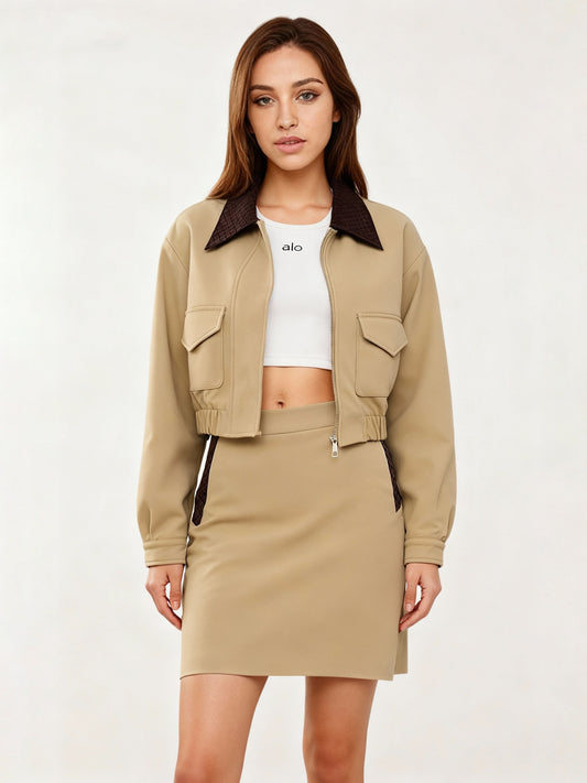 Women's Khaki Color-Block Cargo-Style Cropped Jacket + Shorts Two-Piece Set,Minimum order quantity: 1 piece