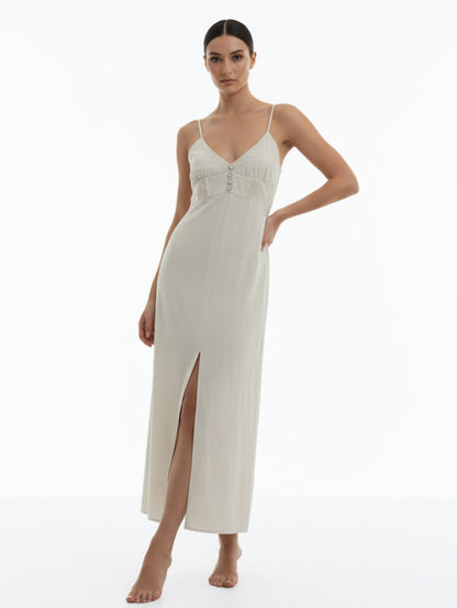 Women's Beige Camisole Buttoned Slit Maxi Dress, Retro-style Elegant Slimming Dress