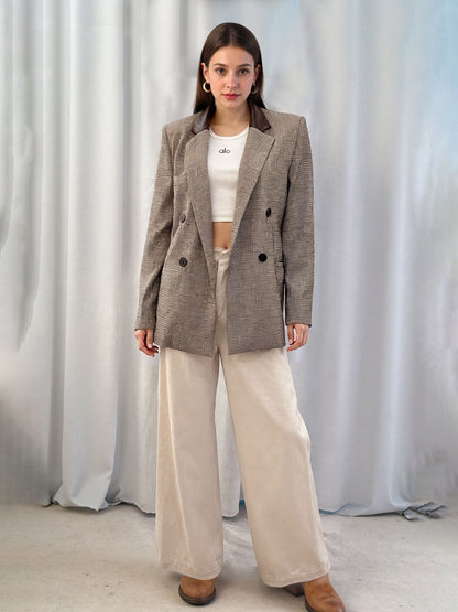 Women's Plaid Color-Block Paneled Blazer + Beige Wide-Leg Pants Two-Piece Set