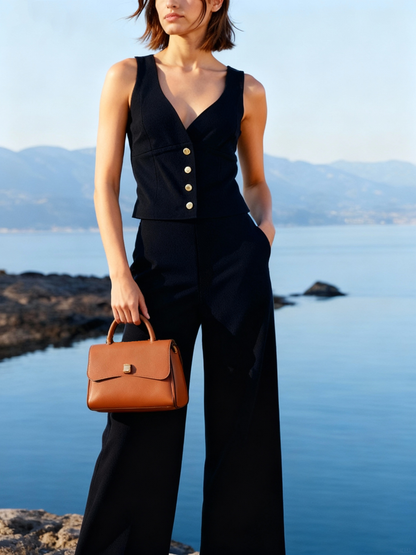 Women's Black Deep V Sleeveless Metallic Button Jumpsuit, Holiday-style Retro Slimming Wide-leg Jumpsuit