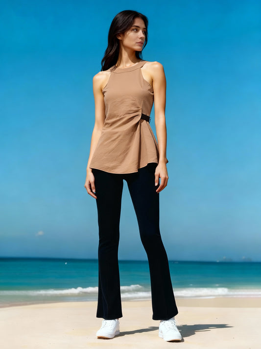 Women's Khaki Sleeveless Side-button Asymmetric Top + Black Flared Pants Set, Holiday-style Casual Slimming Two-piece Outfit