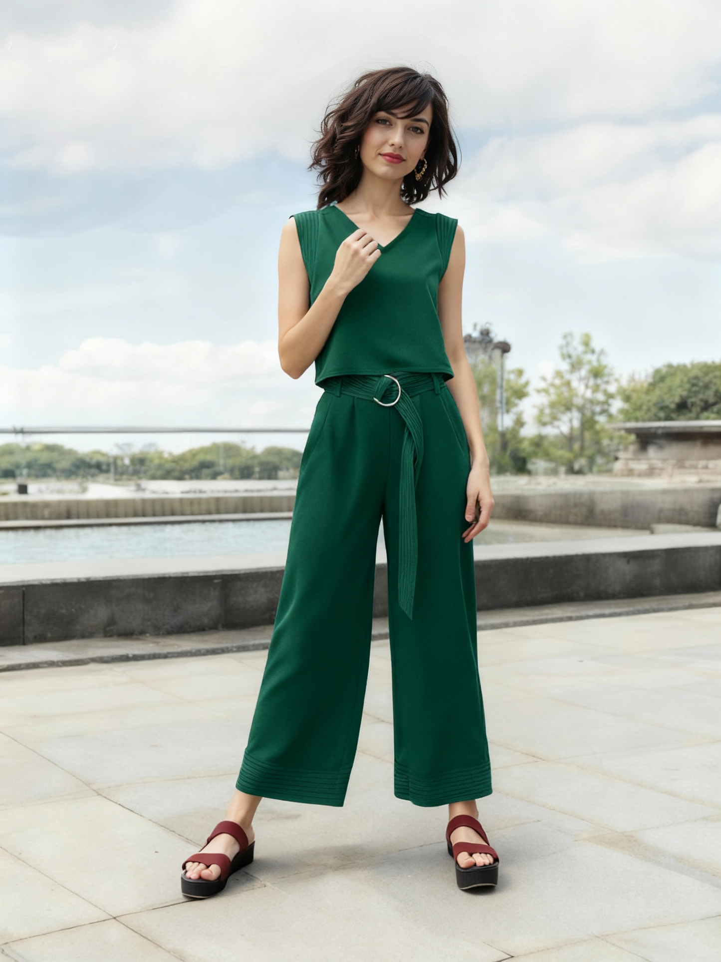 Women's Dark Green V-neck Sleeveless Top + Wide-leg Pants Set, Retro-style Fashionable Slimming Two-piece Outfit