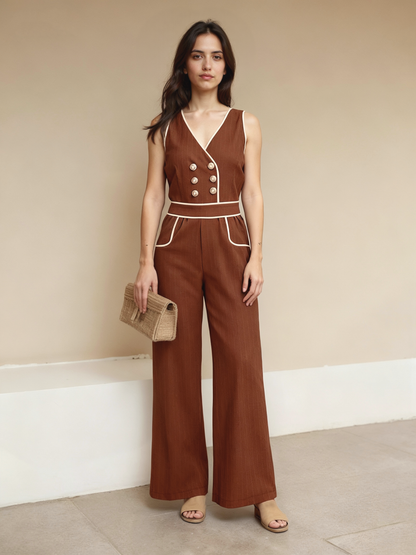 "Women's Brown Contrast-trimmed Double-breasted Wide-leg Jumpsuit, Retro-style Elegant Slimming Onesie "
