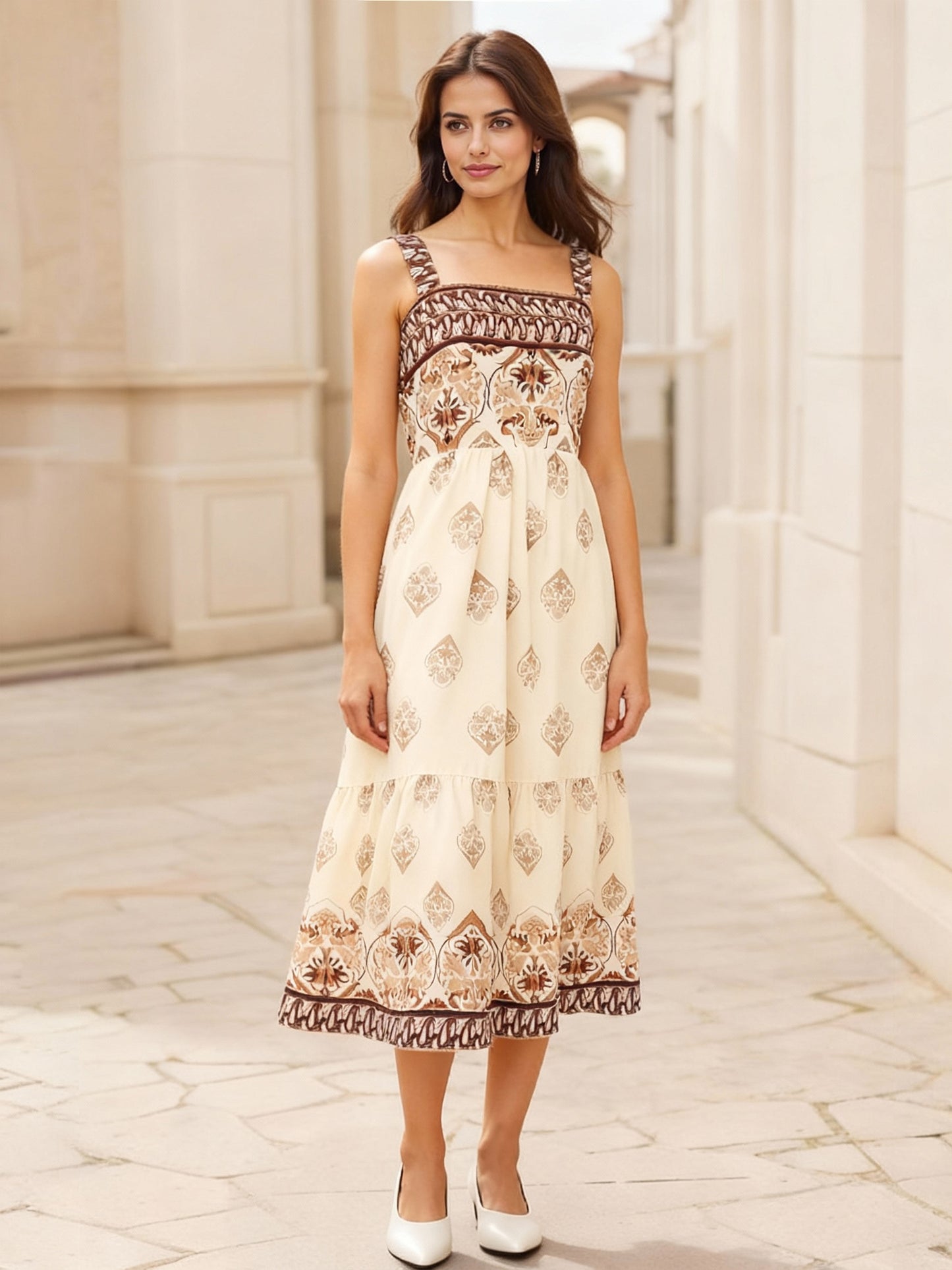 Women's Beige-brown Printed Square Neck Camisole Midi Dress, Retro-style Elegant Slimming Ethnic-style Dress