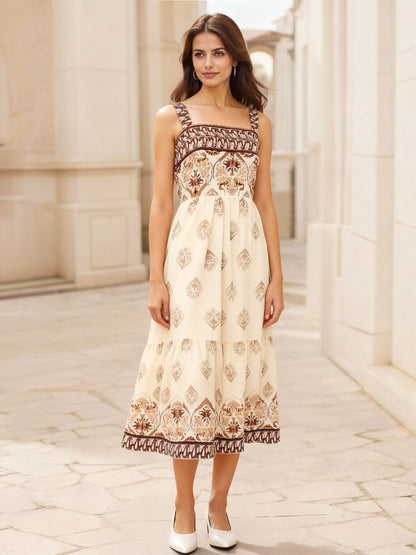 Women's Beige-brown Printed Square Neck Camisole Midi Dress, Retro-style Elegant Slimming Ethnic-style Dress