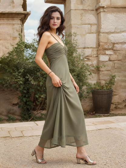 Women's Olive Green Pleated Camisole Maxi Dress, Retro-style Elegant Slimming Gown