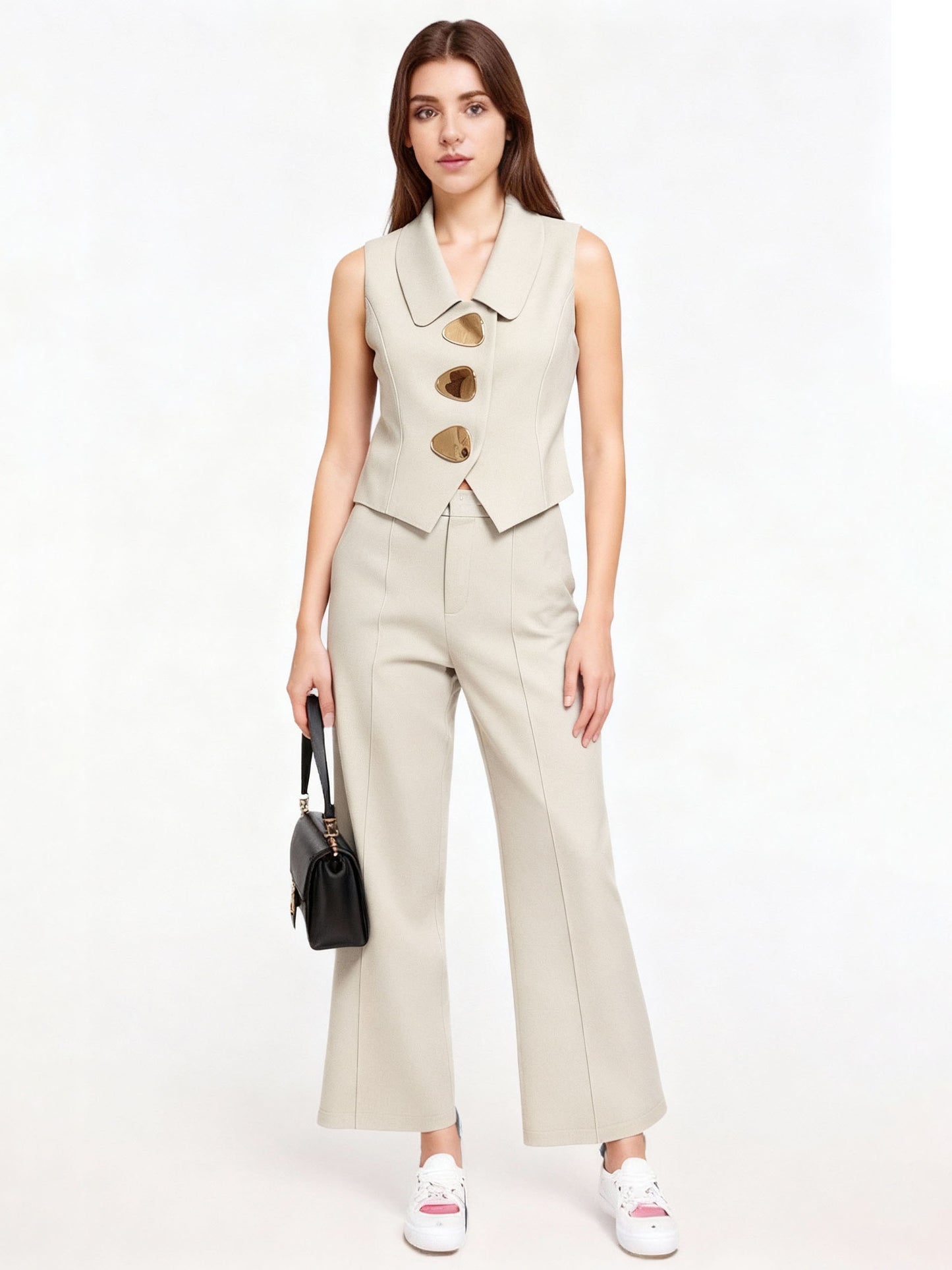Women's Beige Irregular-Button Sleeveless Vest + Wide-Leg Pants Two-Piece Set