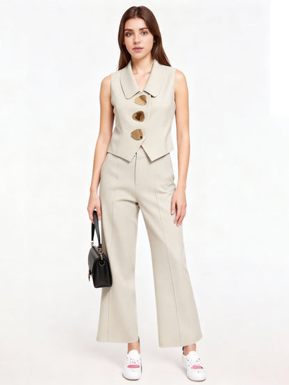 Women's Beige Irregular-Button Sleeveless Vest + Wide-Leg Pants Two-Piece Set