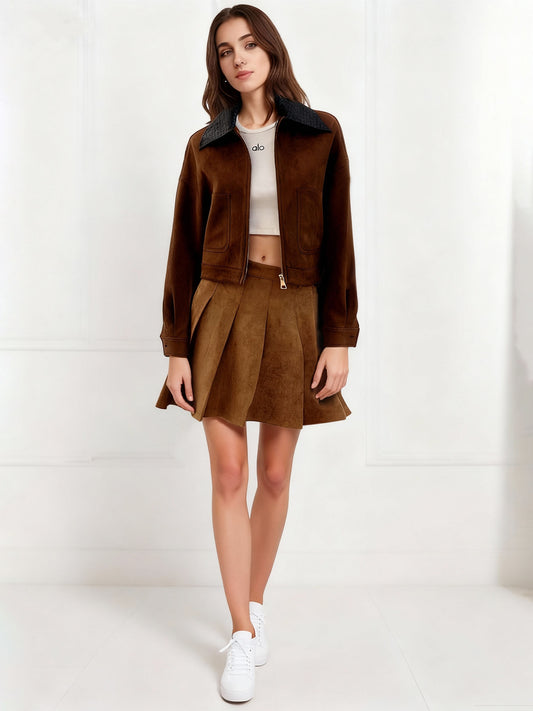 Women's Brown Suede-Like Color-Block Paneled Cropped Jacket + Pleated Skirt Two-Piece Set