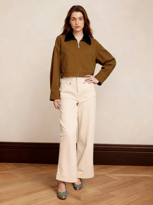 Women's Brown-Coffee Color-Block Paneled Cropped Utility-Style Jacket + Beige Wide-Leg Pants Two-Piece Set