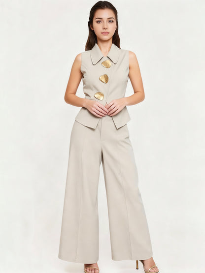 Women's Beige Irregular Metal-Button Sleeveless Vest + Wide-Leg Pants Two-Piece Set