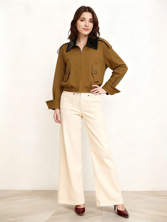 Women's Brown-Coffee Color-Block Paneled Cropped Utility-Style Jacket + Beige Wide-Leg Pants Two-Piece Set