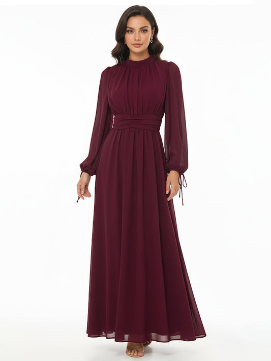 "Women's Burgundy Stand Collar Long-sleeve Waist-defined Maxi Dress, Retro-style Elegant Slimming Dress "