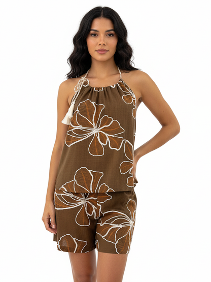 Women's Brown Floral Embroidered Halter Cropped Top + Brown Floral Embroidered Shorts Set, Retro-style Sweet Slimming Two-piece Outfit