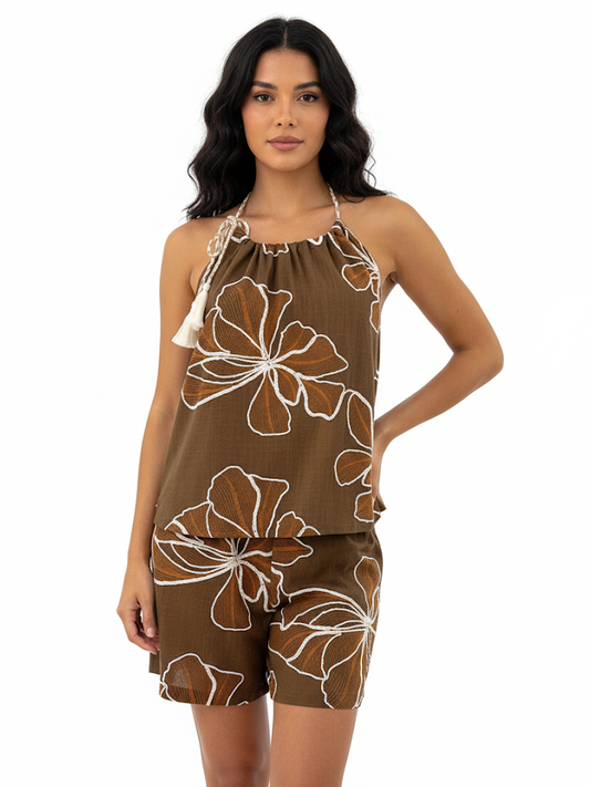 Women's Brown Floral Embroidered Halter Cropped Top + Brown Floral Embroidered Shorts Set, Retro-style Sweet Slimming Two-piece Outfit