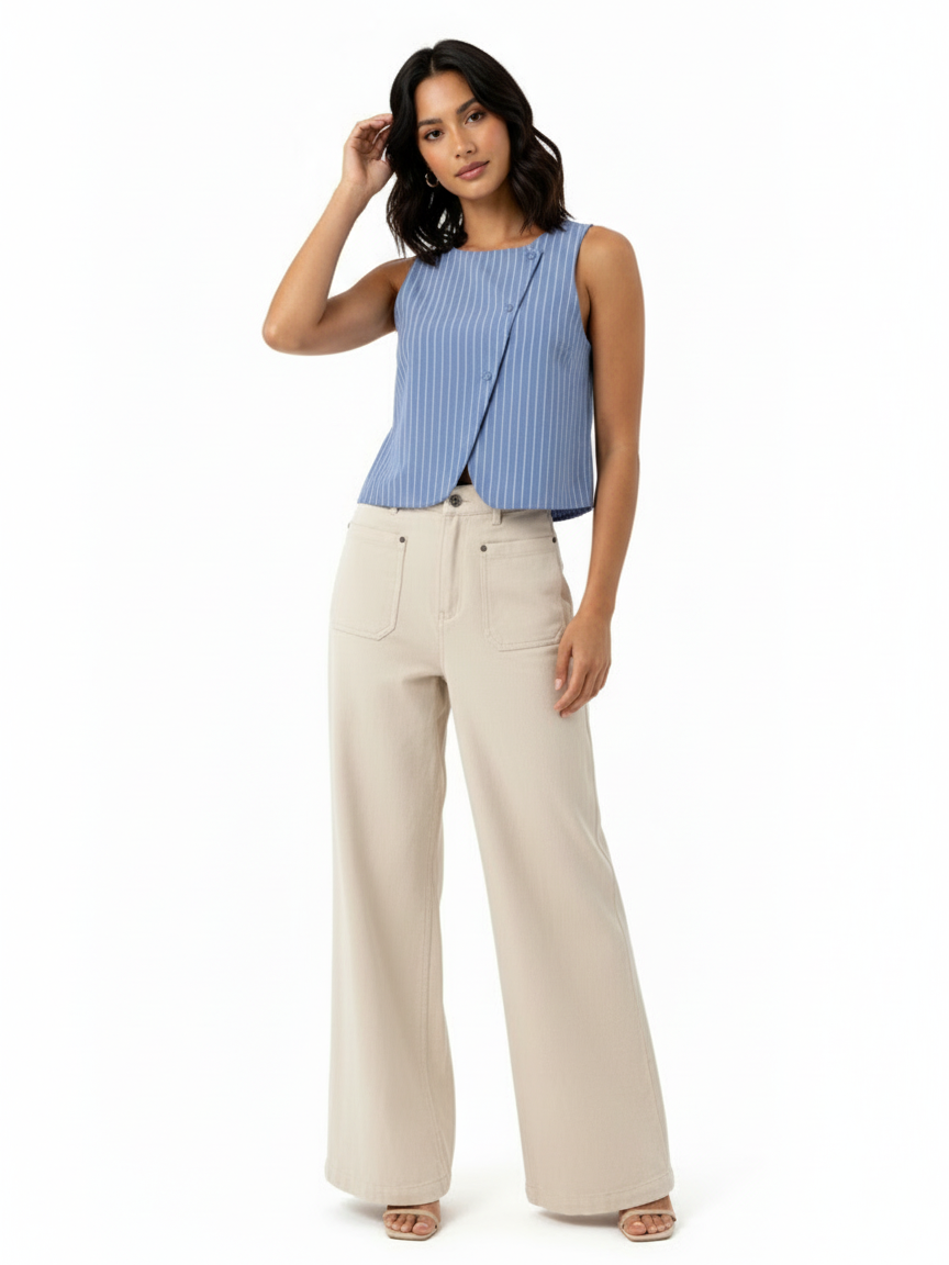 Women's Blue-white Vertical Stripe Asymmetric Sleeveless Cropped Top + Beige Wide-leg Pants Set, Retro-style Minimalist Slimming Two-piece Outfit