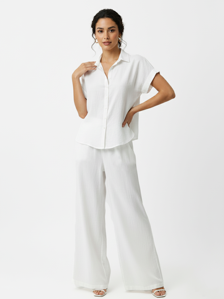Women's White Collared Short-sleeve Cropped Top + White Wide-leg Pants Set, Retro-style Minimalist Slimming Two-piece Outfit