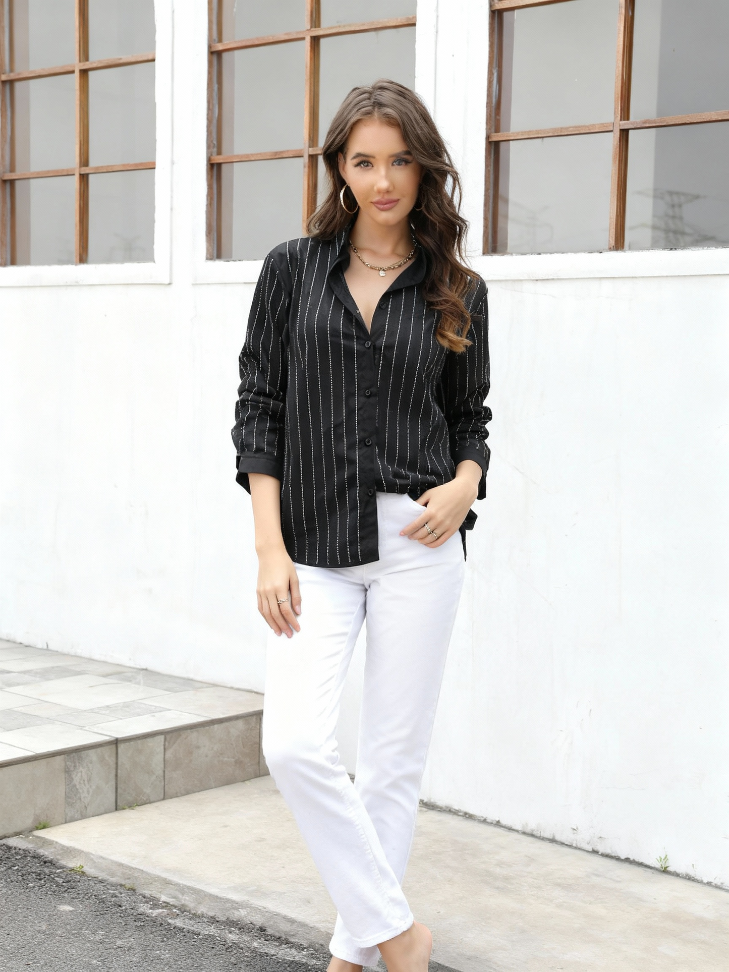 Women's Black Silver Striped Long-sleeve Shirt, Office-style Minimalist Slimming Versatile Top