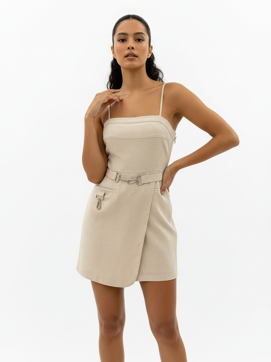 Women's Beige Camisole Waist-defined Metal Buckle-embellished Asymmetric Dress, Retro-style Smart Slimming Dress