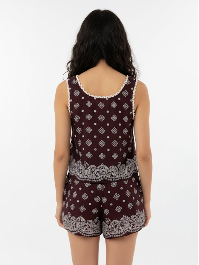 Women's Brown-based White Paisley Patterned Square Neck Sleeveless Cropped Top + Shorts Set, Retro-style Ethnic-style Slimming Two-piece Outfit