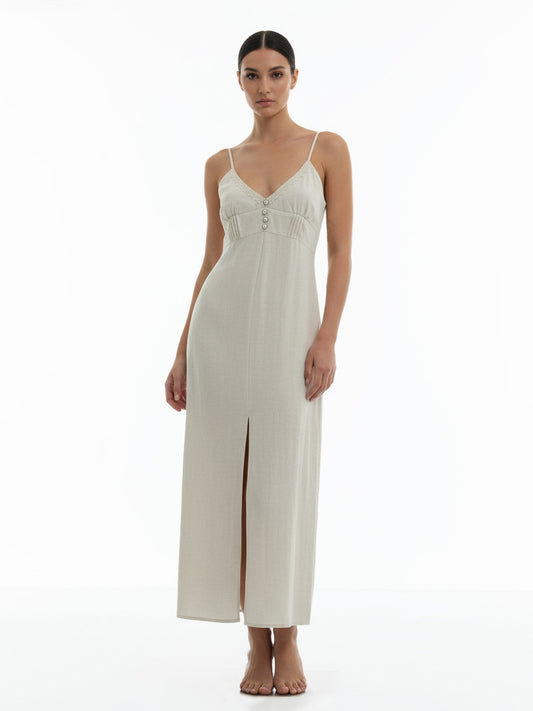 Women's Beige Camisole Buttoned Slit Maxi Dress, Retro-style Elegant Slimming Dress