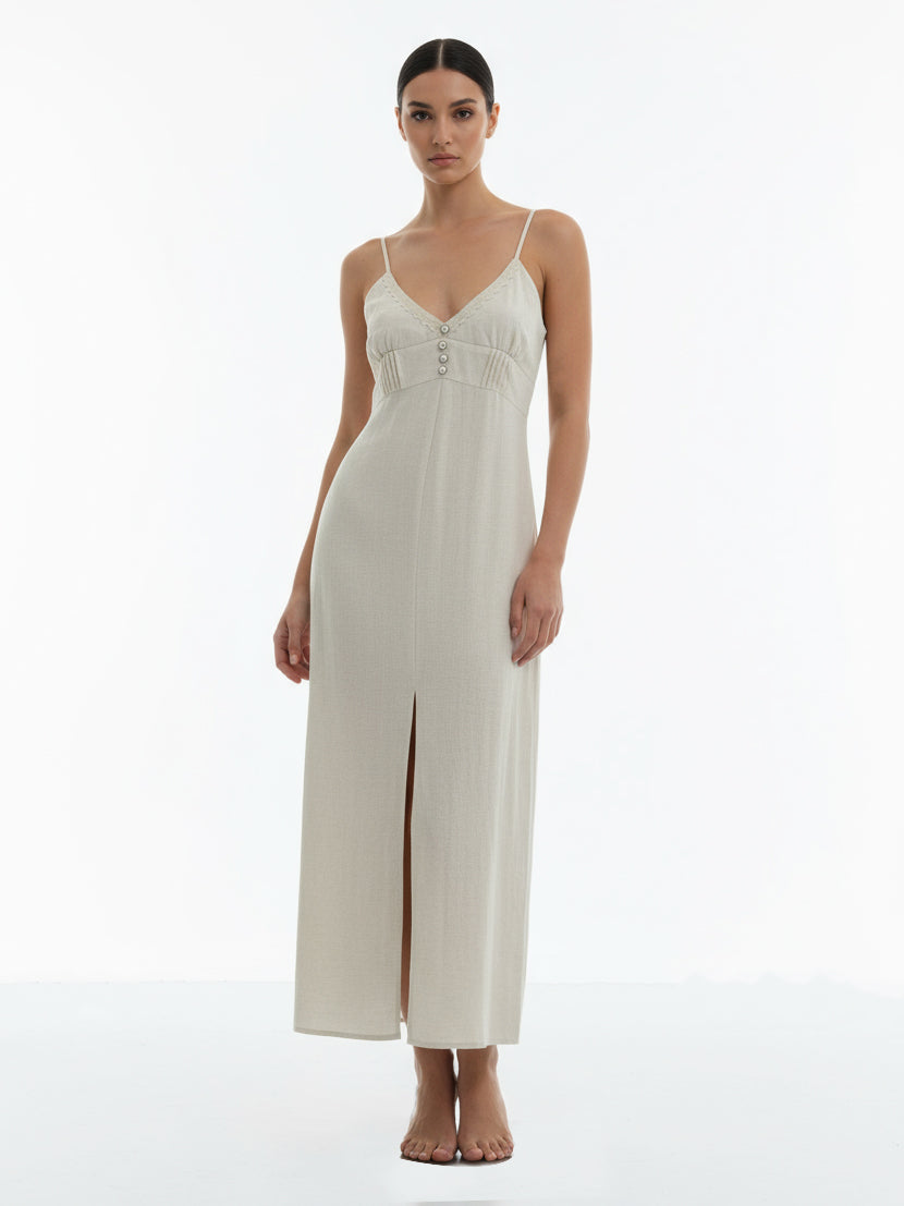 Women's Beige Camisole Buttoned Slit Maxi Dress, Retro-style Elegant Slimming Dress