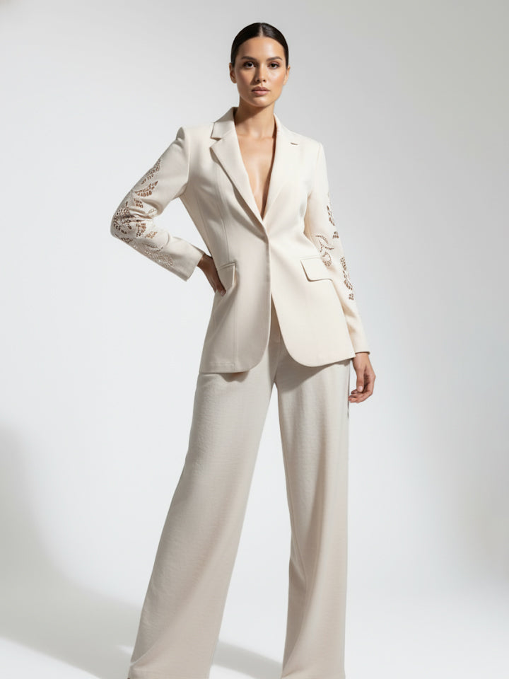 Women's Beige Hollow-out Patterned Blazer + Beige Wide-leg Pants Set, Retro-style Minimalist Slimming Two-piece Outfit