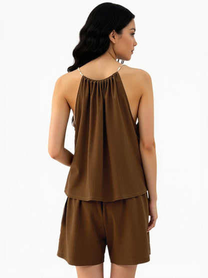 Women's Brown Floral Embroidered Halter Cropped Top + Brown Floral Embroidered Shorts Set, Retro-style Sweet Slimming Two-piece Outfit