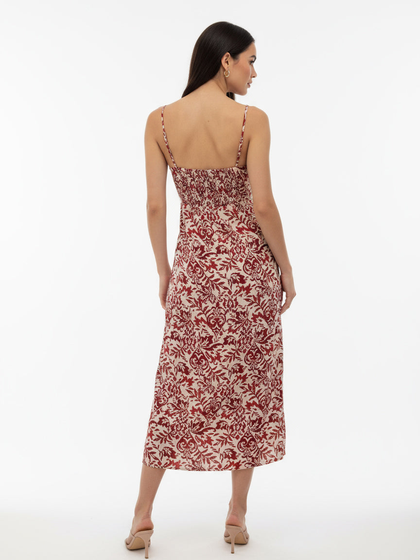 Women's Burgundy Patterned Camisole Hollow-out Slit Maxi Dress, Retro-style Elegant Slimming Dress