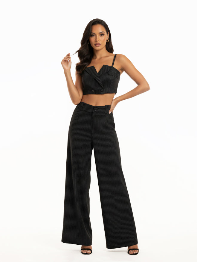 Women's Black Pinstripe Camisole Cropped Top + Black Pinstripe Wide-leg Pants Set, Retro-style Smart Slimming Two-piece Outfit