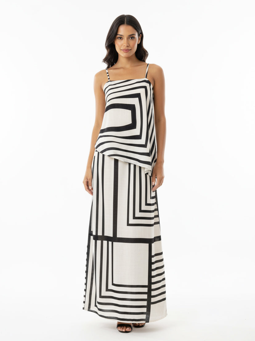 Women's Black and White Geometric Patterned Camisole Cropped Top + Black and White Geometric Patterned Maxi Skirt Set, Retro-style Minimalist Slimming Two-piece Outfit