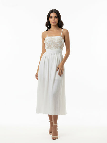 Women's White Floral Embroidered Camisole Midi Dress, Retro-style Sweet Slimming Dress