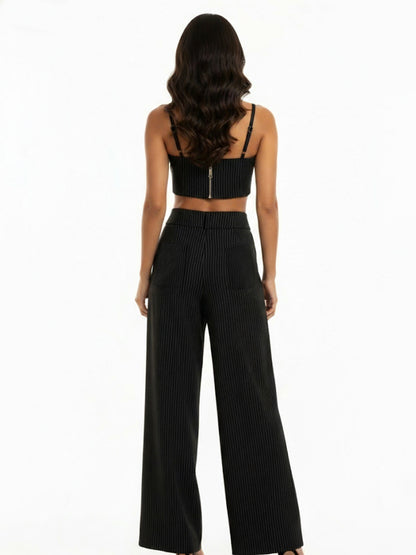 Women's Black Pinstripe Camisole Cropped Top + Black Pinstripe Wide-leg Pants Set, Retro-style Smart Slimming Two-piece Outfit