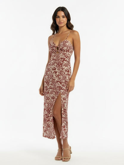 Women's Burgundy Patterned Camisole Hollow-out Slit Maxi Dress, Retro-style Elegant Slimming Dress