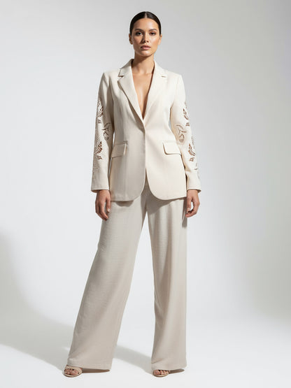 Women's Beige Hollow-out Patterned Blazer + Beige Wide-leg Pants Set, Retro-style Minimalist Slimming Two-piece Outfit