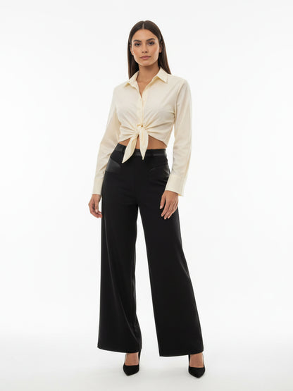 "Women's Beige Collared Long-sleeve Tie-up Cropped Top + Black Wide-leg Pants Set, Retro-style Minimalist Slimming Two-piece Outfit "