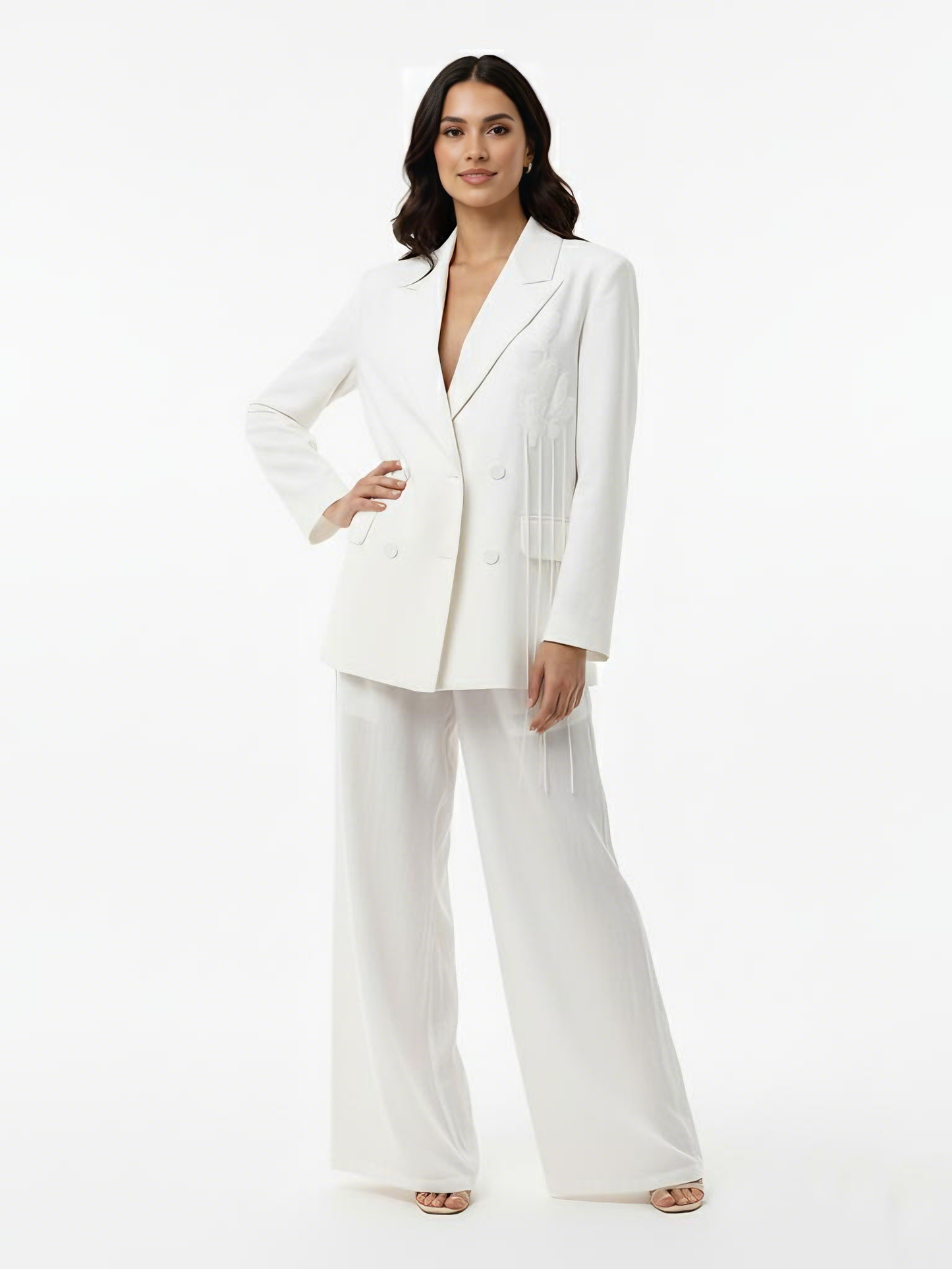 Women's White Double-breasted Tassel-embellished Blazer + White Wide-leg Pants Set, Retro-style Smart Slimming Two-piece Outfit