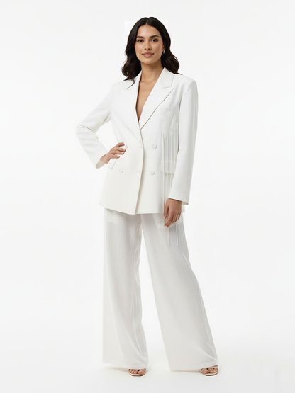 Women's White Double-breasted Tassel-embellished Blazer + White Wide-leg Pants Set, Retro-style Smart Slimming Two-piece Outfit