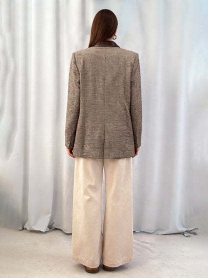 Women's Plaid Color-Block Paneled Blazer + Beige Wide-Leg Pants Two-Piece Set
