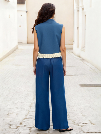 Women's Blue-based Beige Printed Collared Cropped Top + Wide-leg Pants Set, Retro-style Fashionable Slimming Two-piece Outfit