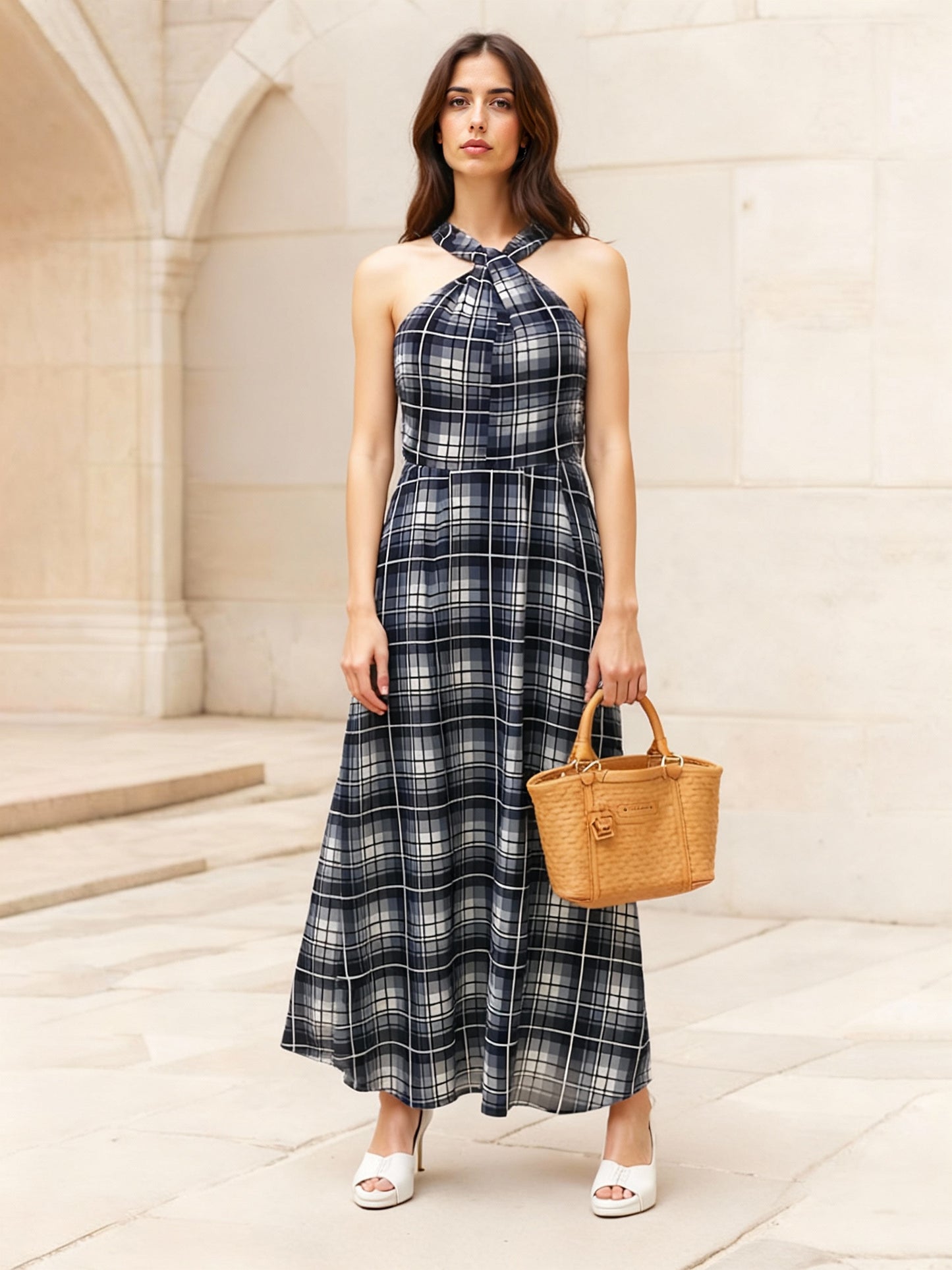 Women's Blue Printed Cropped Jacket + Wide-leg Pants Set, Retro-style Elegant Slimming Two-piece Outfit