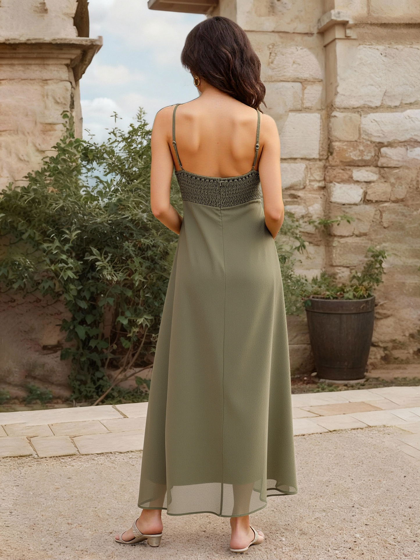 Women's Olive Green Pleated Camisole Maxi Dress, Retro-style Elegant Slimming Gown