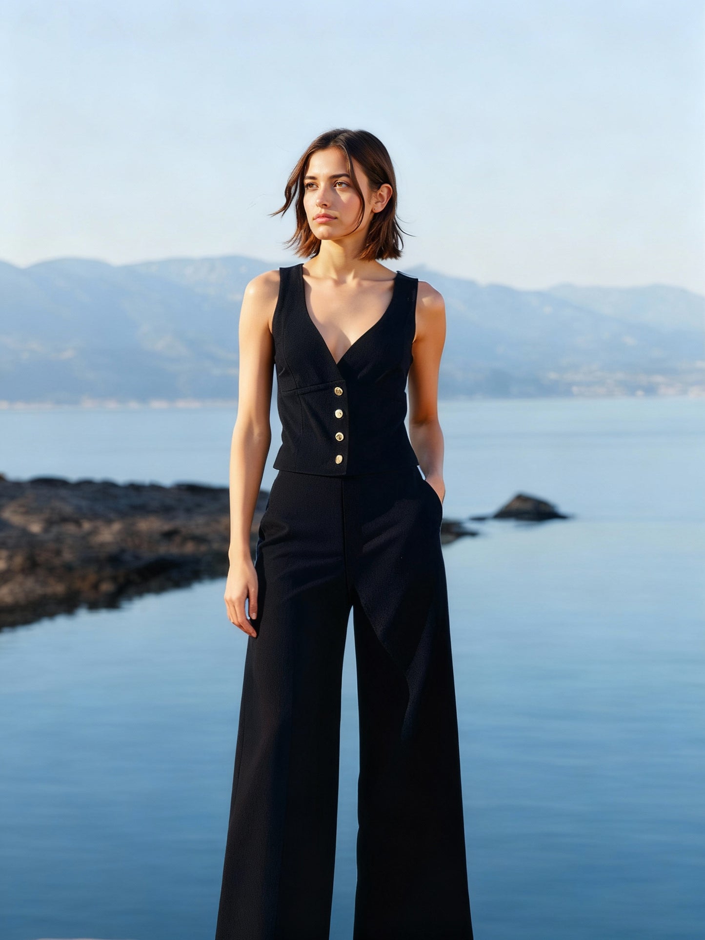 Women's Black Deep V Sleeveless Metallic Button Jumpsuit, Holiday-style Retro Slimming Wide-leg Jumpsuit